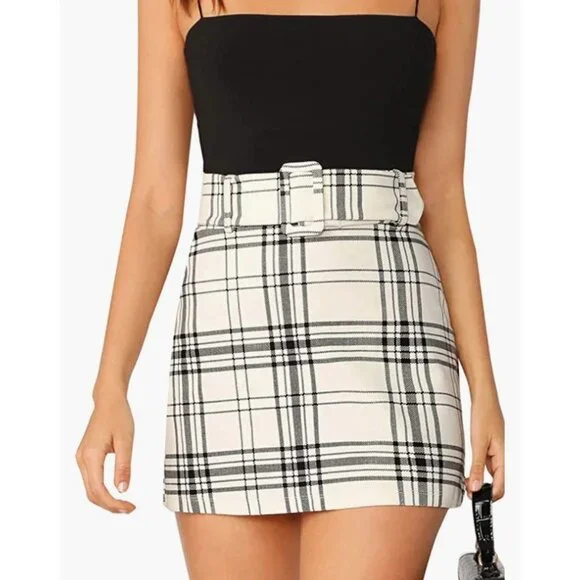 Black Plaid Checker Print Belted High Waist‎ Fitted Pencil Bodycon Mini Skirt - Picture 5 of 6